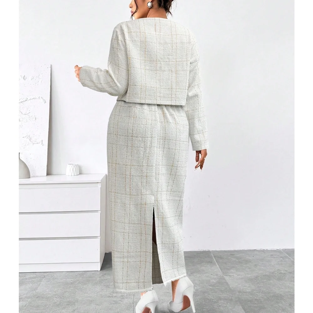 Plus Classic Plaid Print Tweed Blazer Maxi Skirt Set - Picture 7 of 9